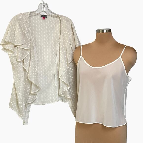 Vince Camuto 2 Piece Top Tank Sheer Dotted Overlay Flowy Ruffle Layers Cream - Picture 1 of 8